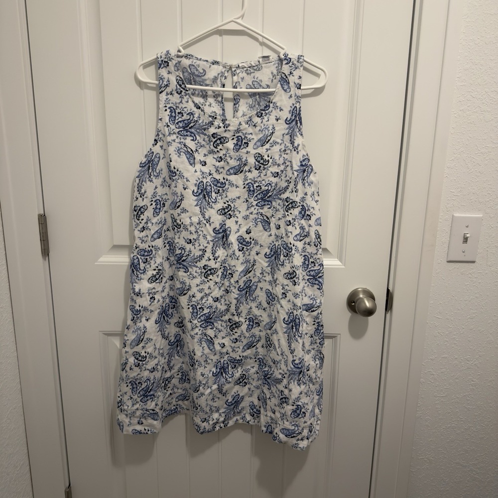Lucky Brand Women's 100% Linen Tank Dress White Blue Paisley Size Large‎